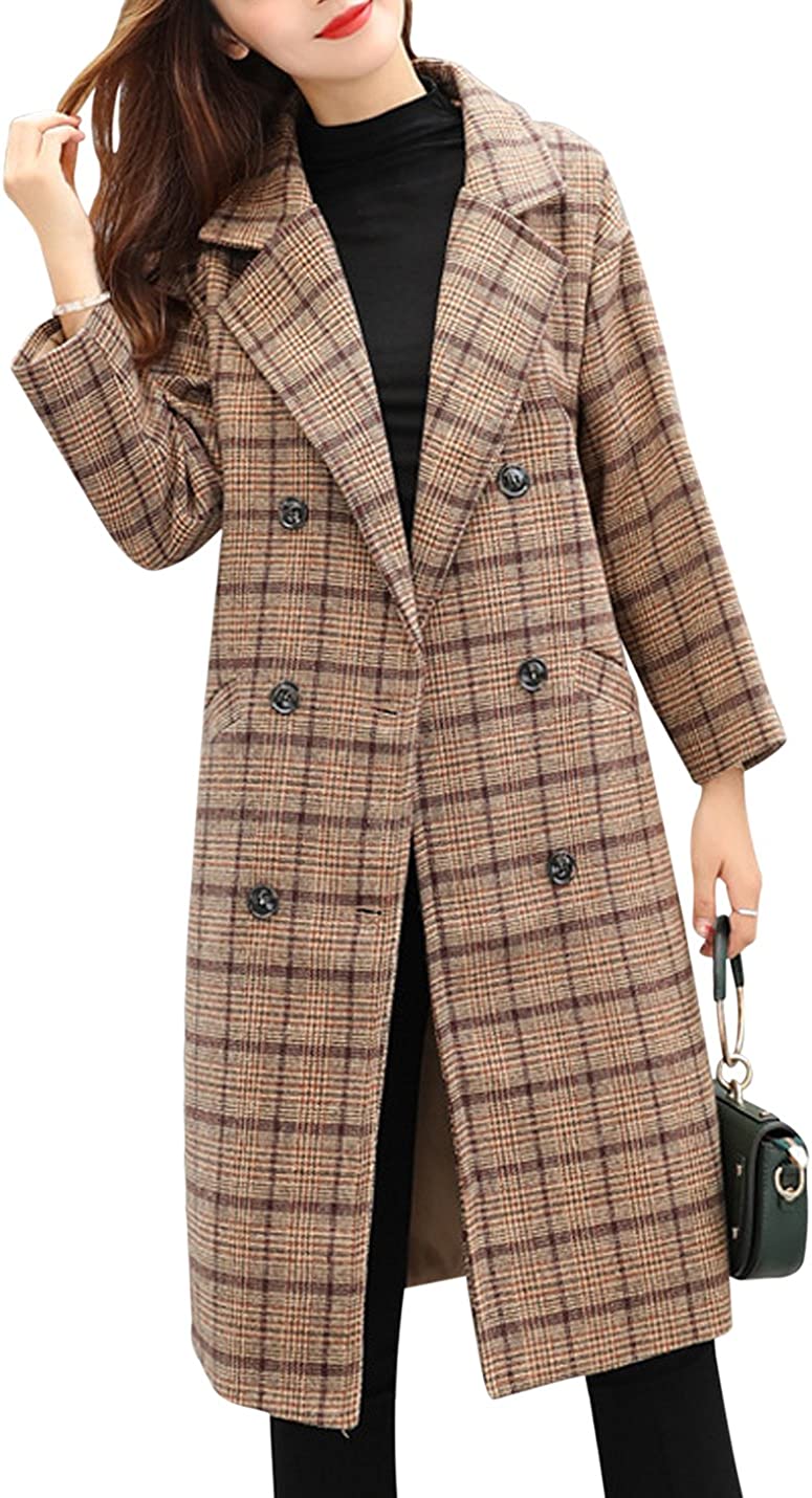 Tanming Women's Double Breasted Long Plaid Wool Blend Pea Coat Outerwear