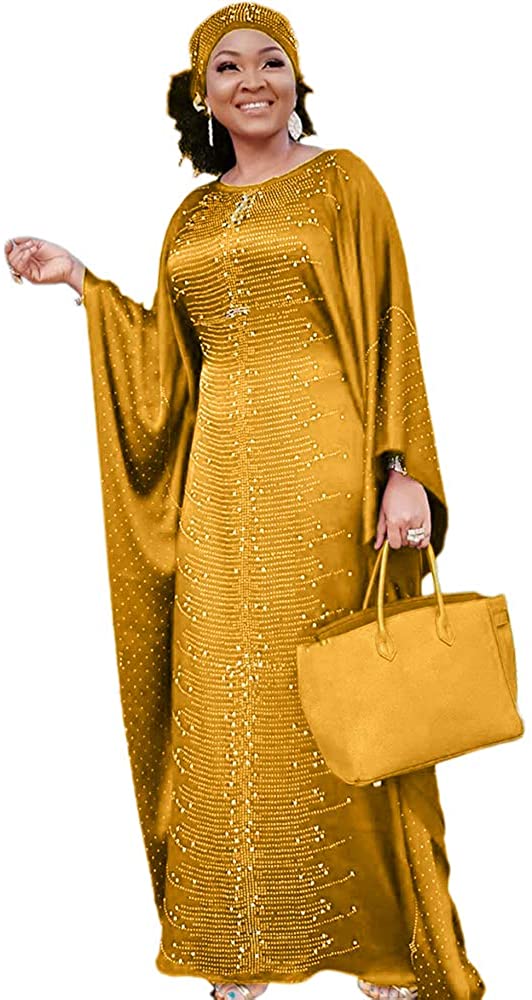 Long African Dresses for Women Fashion Beading Rhinestone Kaftan Maxi Dress
