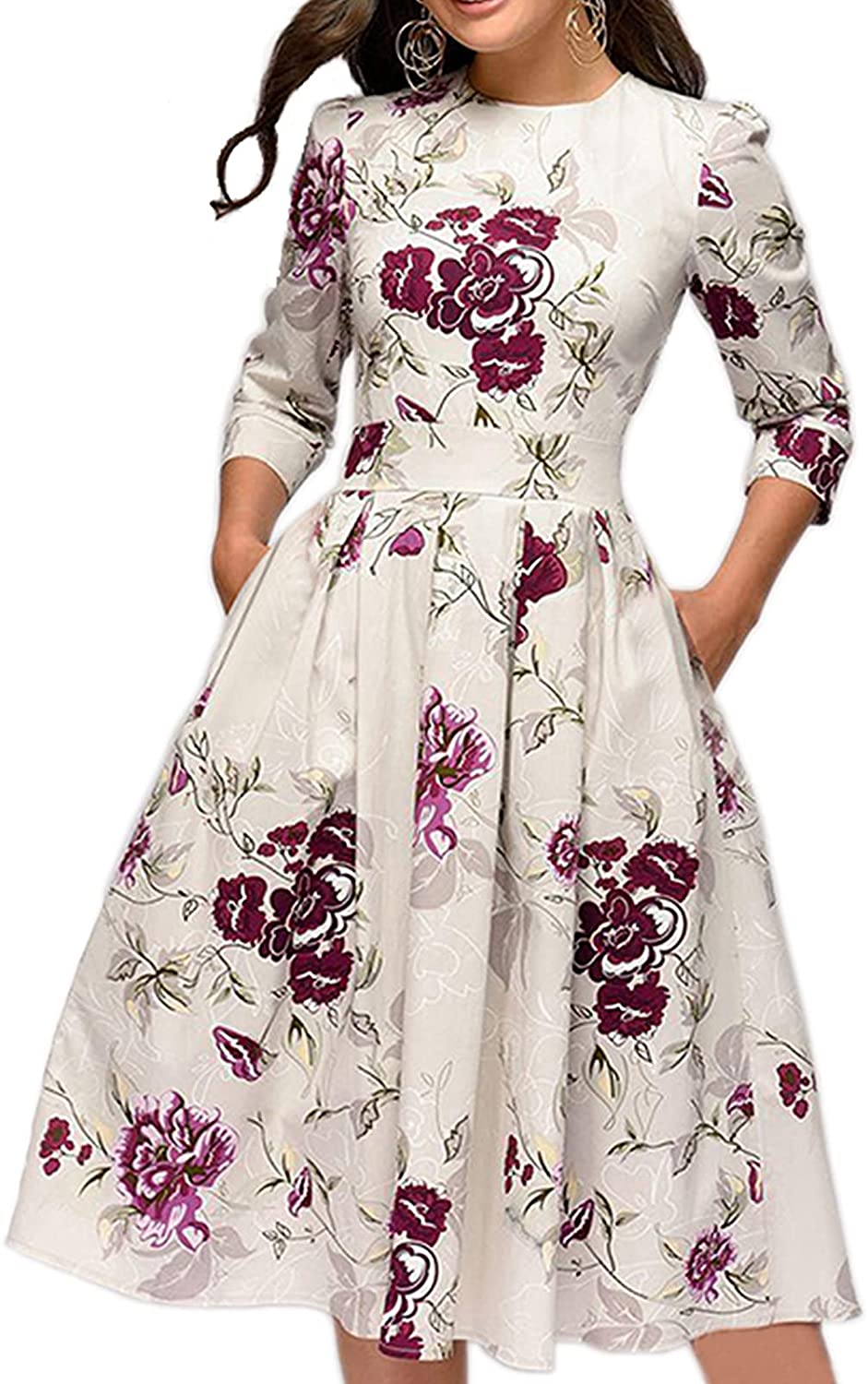 Women's Floral Vintage Dress Elegant Midi Evening Dress 3/4 Sleeves
