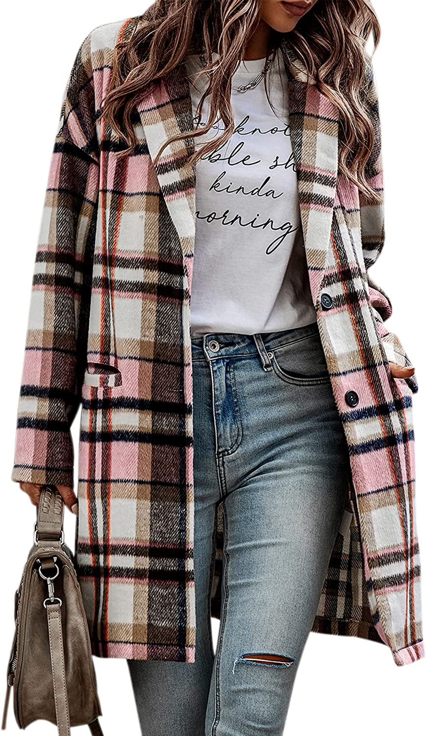 CCTOO Shacket Jacket Women Plaid Long Flannel Lapel Long Sleeve Button Down Shirt Jacket Coats with Pockets