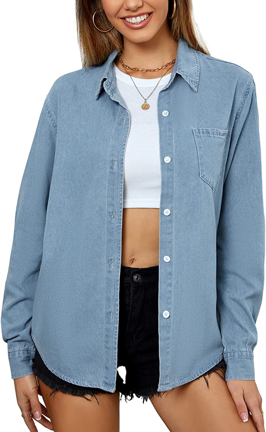 Women's Button Down Jean Shirt Casual Long Sleeve Classic Denim Blouse Jackets Relaxed Fit Chambray Shirt One Pocket