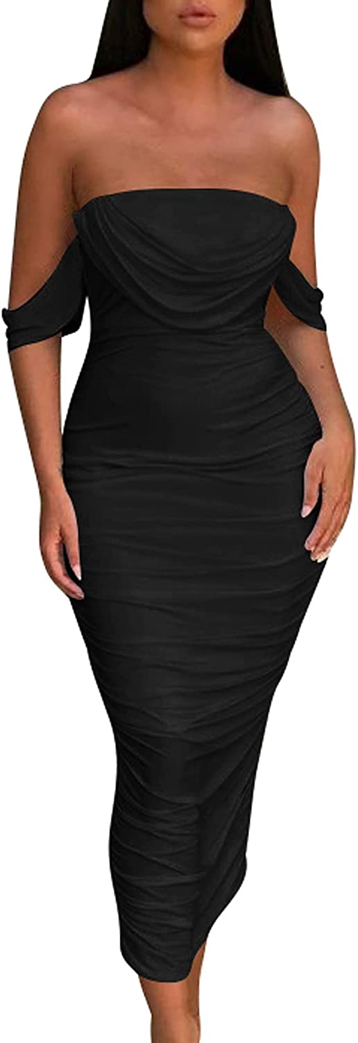 Women's Sexy Ruched Bodycon Strapless Off Shoulder Midi Club Party Tube Dresses