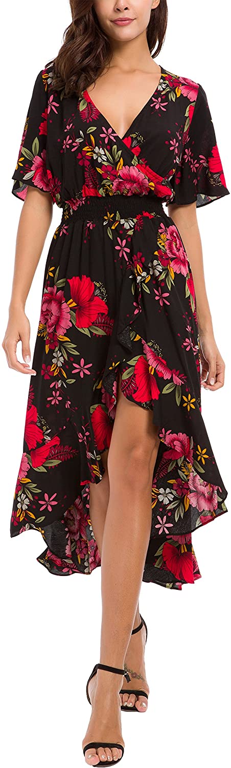 Womens Short Sleeve Floral High Low V-Neck Flowy Party Long Maxi Dress