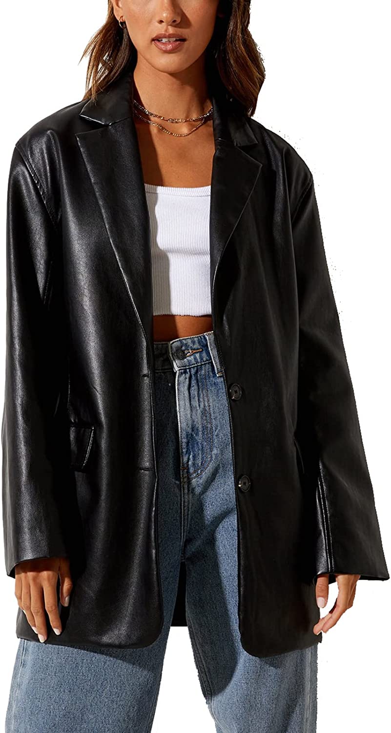 Womens Leather Blazer Coat, Long Sleeve Lapel Faux PU Leather Jacket Button Front Trench Coat