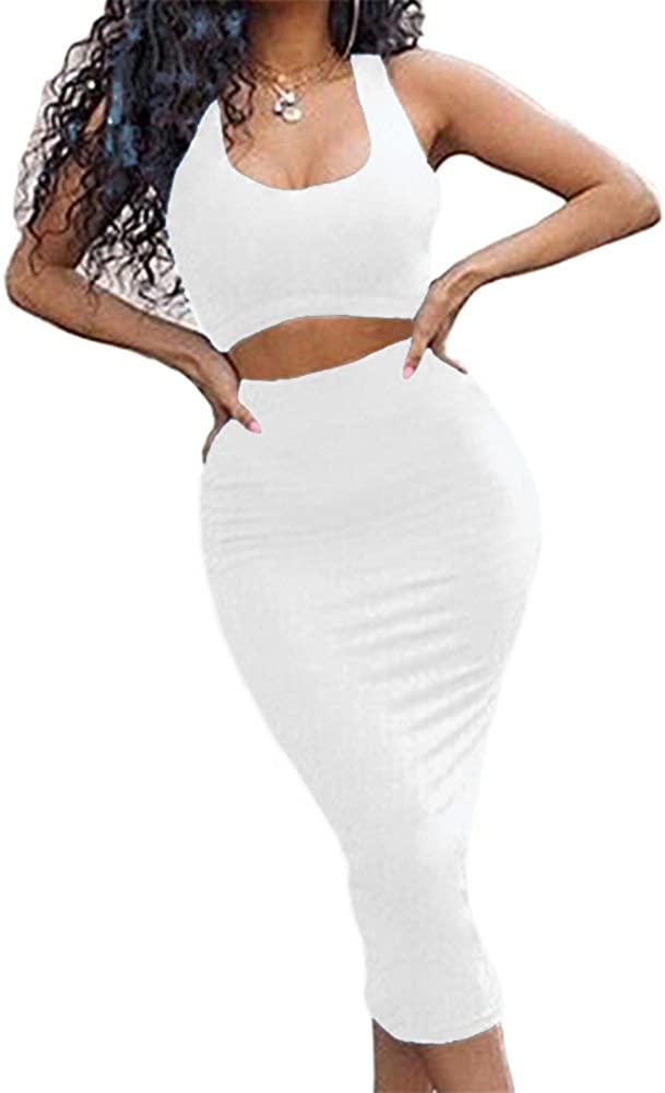 Women's Sexy Summer Outfits Bodycon Tank Top Midi Skirt 2 Piece Dress