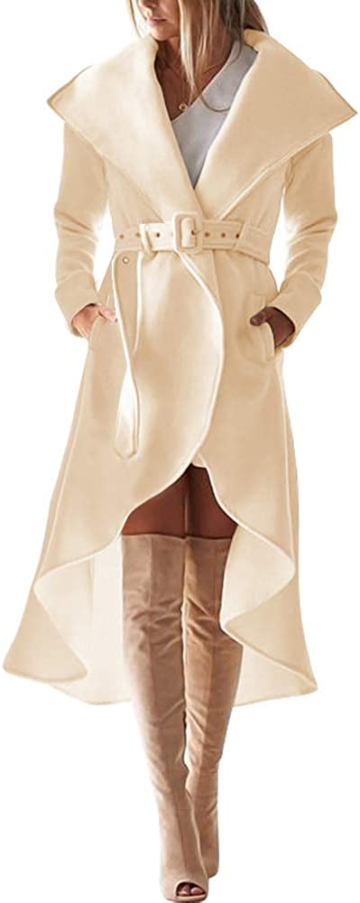 SAUKOLE Women's Winter Wool Trench Coat Wrap Large Collar High Low Jacket Outwear with Belt