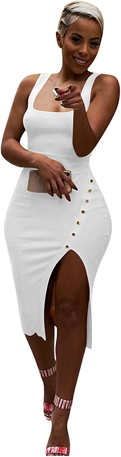 Womens Sexy Soild Sleeveless Strap Tank Ribbed Buttons Side Split Bodycon Irregular Long Pencil Midi Dress