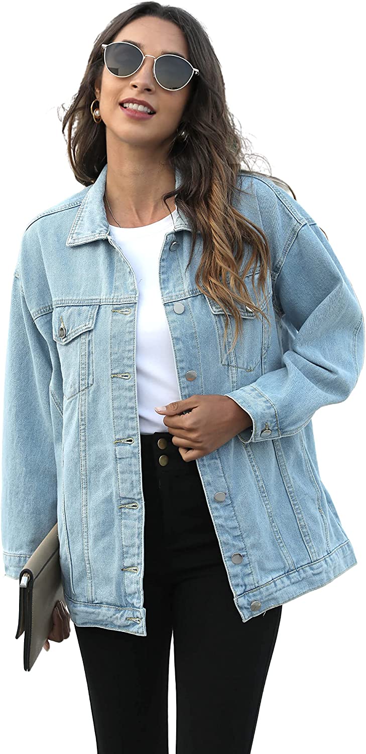 PUWEI Women's Oversized Denim Jacket Distressed Lapel Button Up Long Sleeve Jean Jacket with Pockets