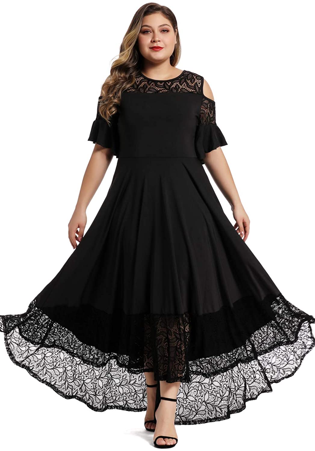 Womens Plus Size Lace Cold Shoulder Long Swing Evening Party Maxi Dress