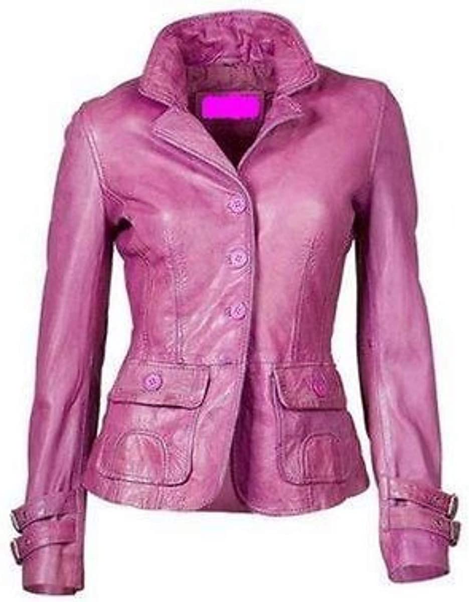 RedSeam Women's Genuine Lambskin Leather Blazer Slim Fit Jacket Four Button Coat Hot Pink