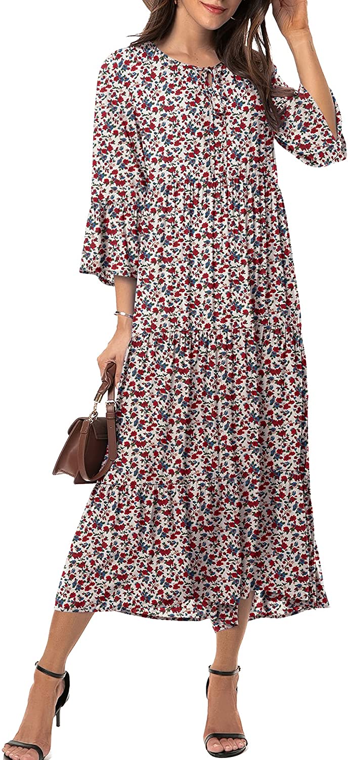 Womens 3/4 Sleeve Summer Boho Dress Front Tie Neck Vintage Floral Print Ruffle Hem Casual Bohemian Flowy Midi Dress