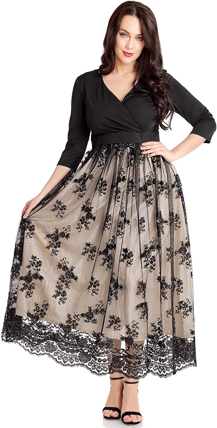 Women's Plus Size Sequin 3/4 Sleeves Evening Gown Party Long Maxi Dress