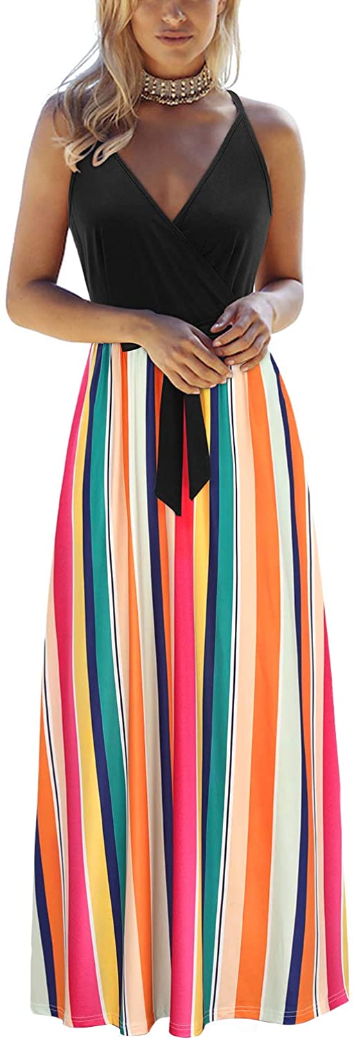 Womens Summer Deep V Neck Floral Adjustable Spaghetti Strap Beach Maxi Dress