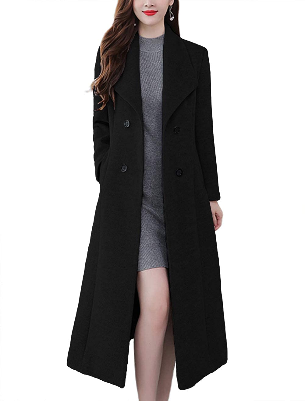 chouyatou Women's Chic Shawl Collar Work Double Breasted Maxi Long Wool Pea Coat