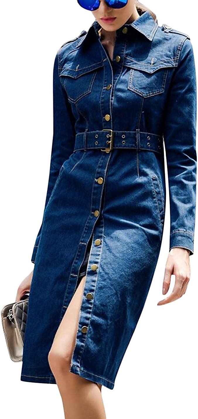 Tanming Women's Casual Distressed Lapel Ripped Denim Jean Long Dress Jacket Coat