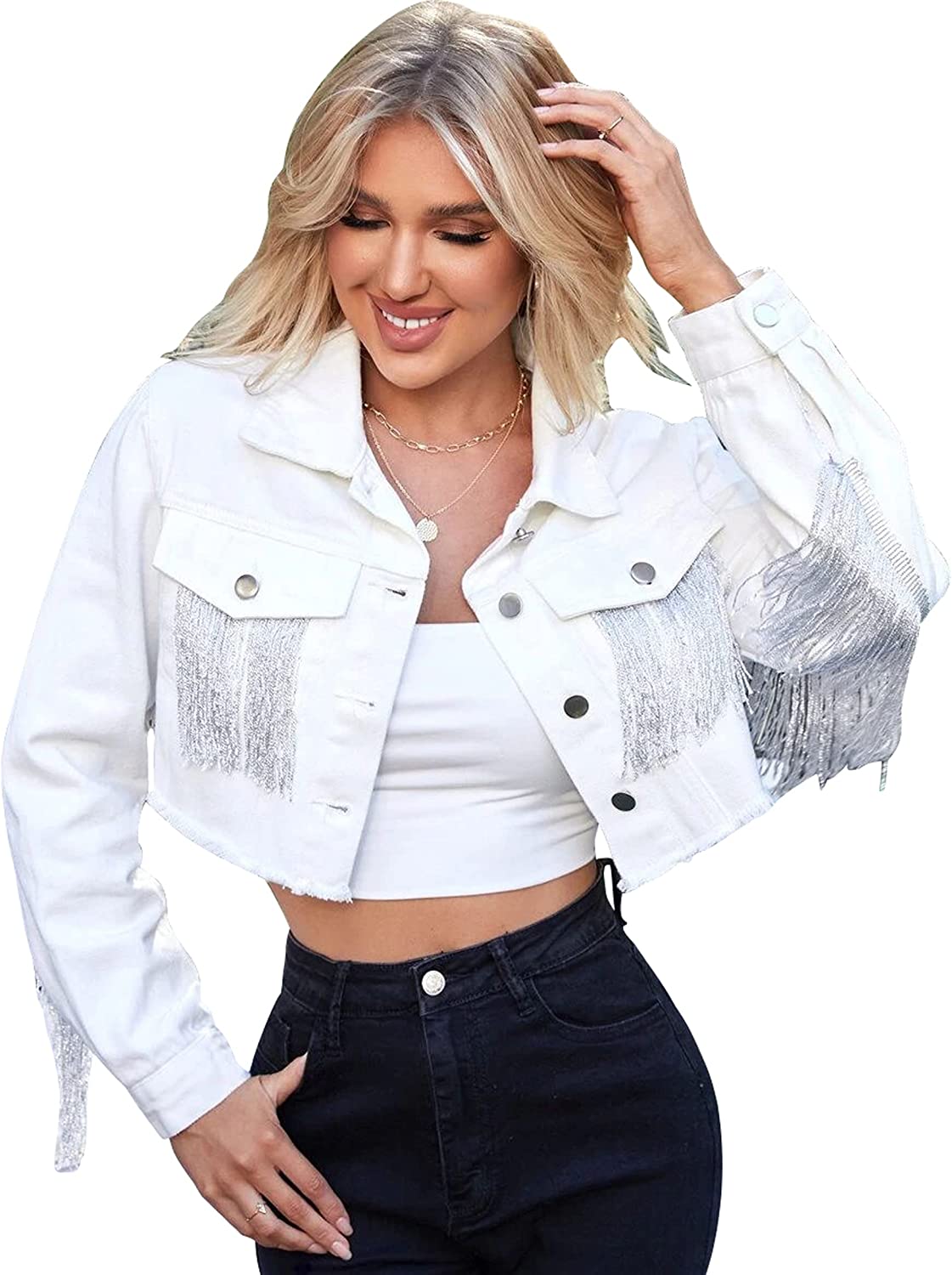 HOTLOOX Women’s Fringe Jacket Crop Denim Jacket Tassel Casual Button Front Jean Jackets