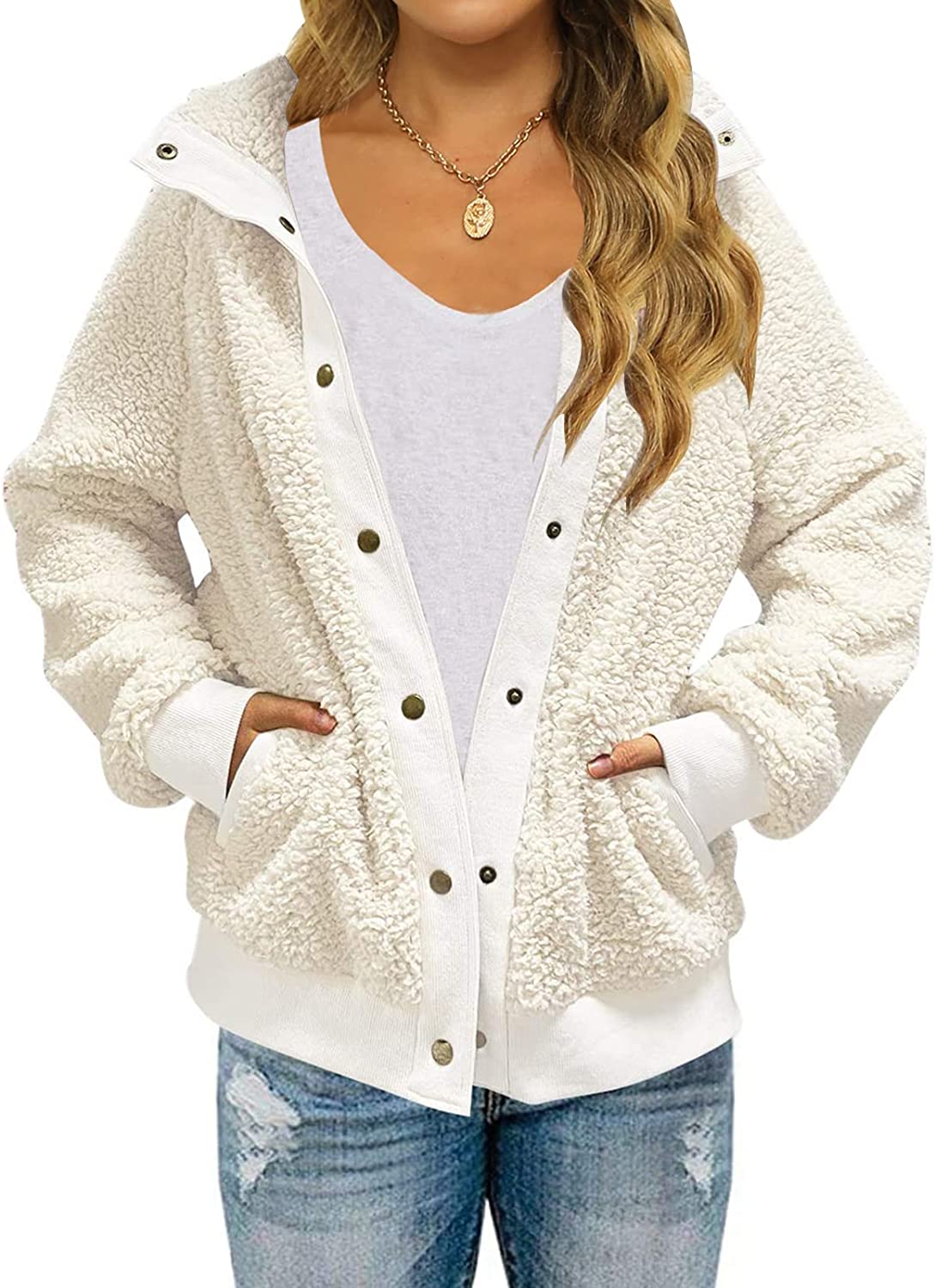 TECREW Womens Winter Sherpa Fleece Button Jacket Coat Loose Long Sleeve Outwear