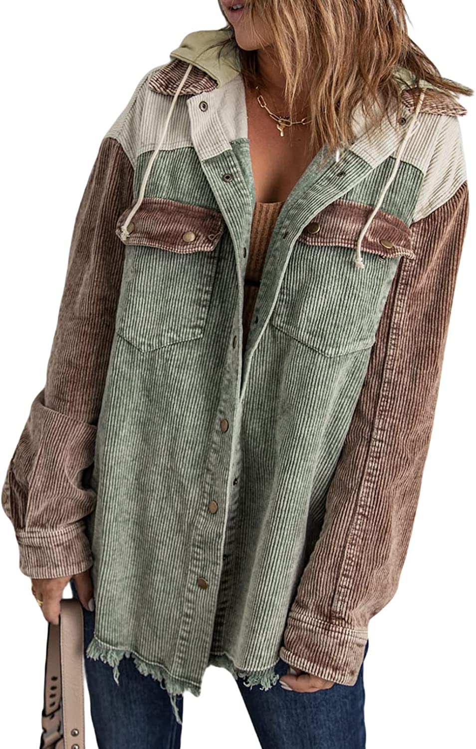 Sidefeel Women Corduroy Hooded Colorblock Long Sleeve Jacket Raw Hem Coat Outwear