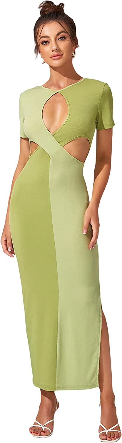 Women's Sexy Cut Out Keyhole Front Dress Split Side Hem Colorblock Short Sleeve Bodycon Casual Maxi Dresses