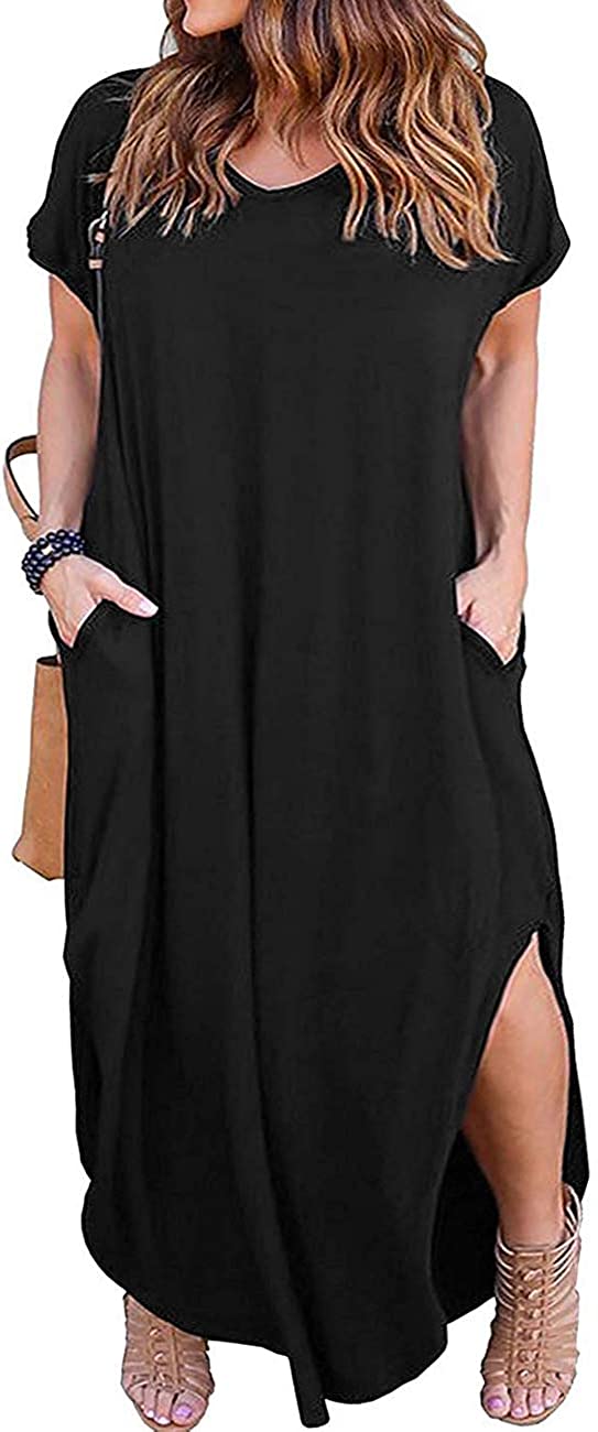 Women's Plus Size Dresses Casual Loose Pocket Short Sleeve Slits Plus Size Long Maxi Dress XL-5X