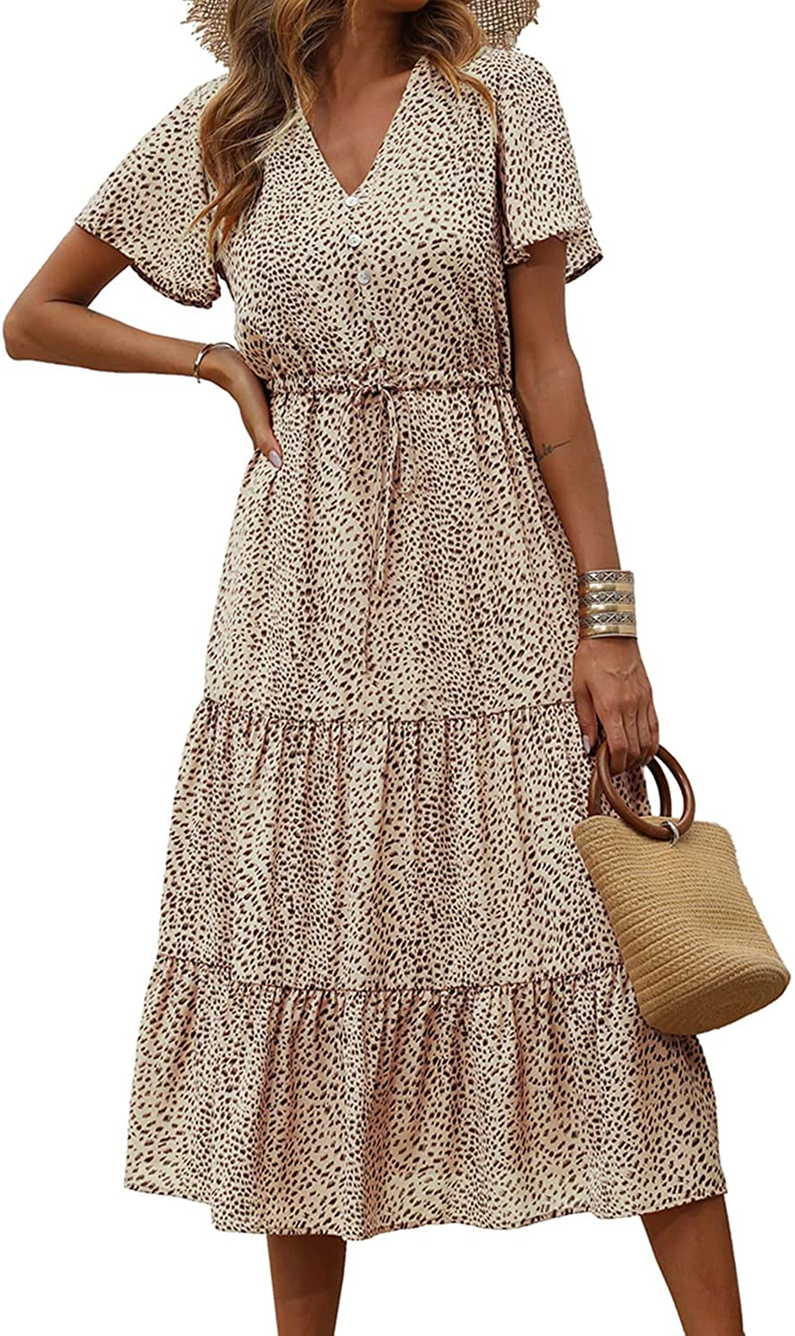 Women's Floral Boho Dress Casual Short Sleeve V Neck Ruffle Tiered Summer Swing Maxi Dresses with Belt