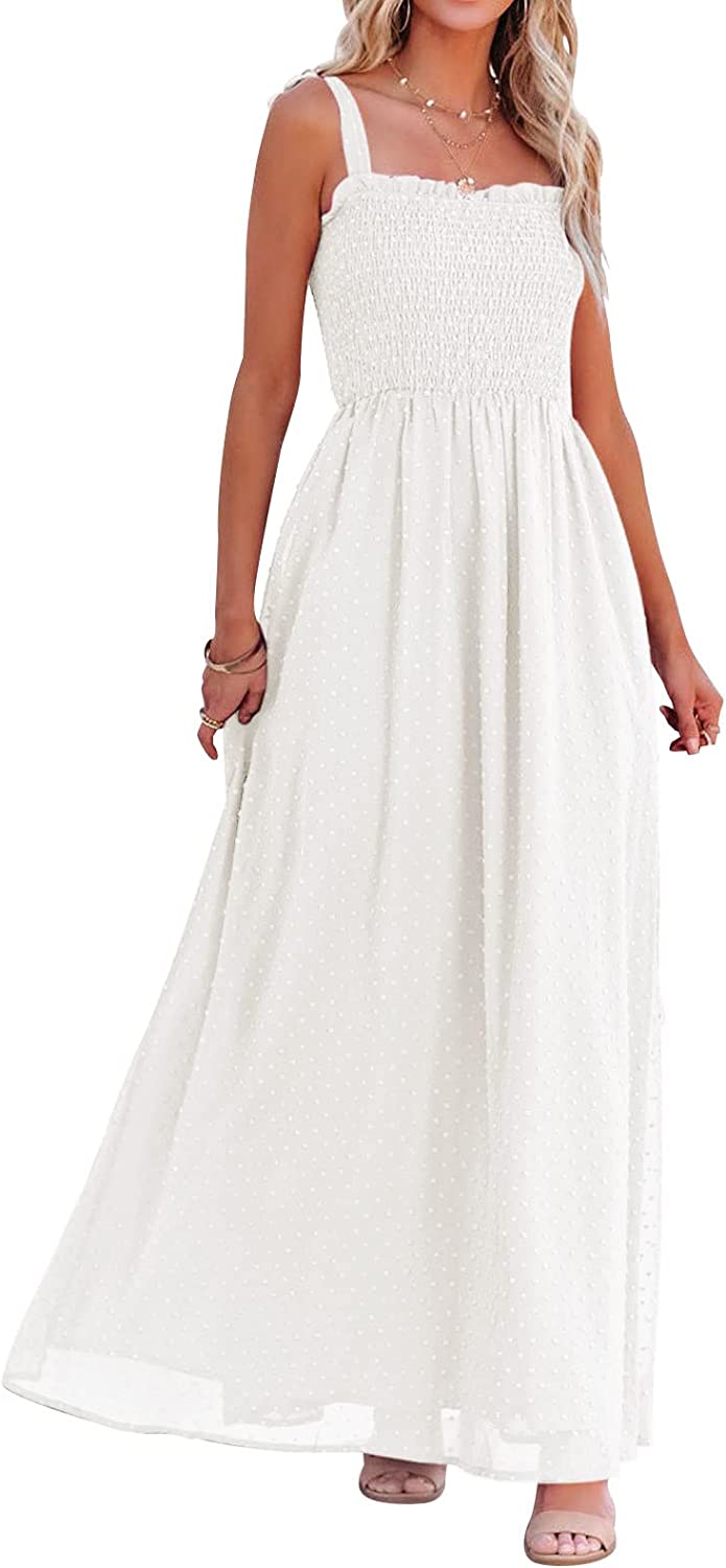 Women's Summer Bohemian Spaghetti Strap Swiss Dot Sleeveless Smocked A Line Flowy Maxi Dress