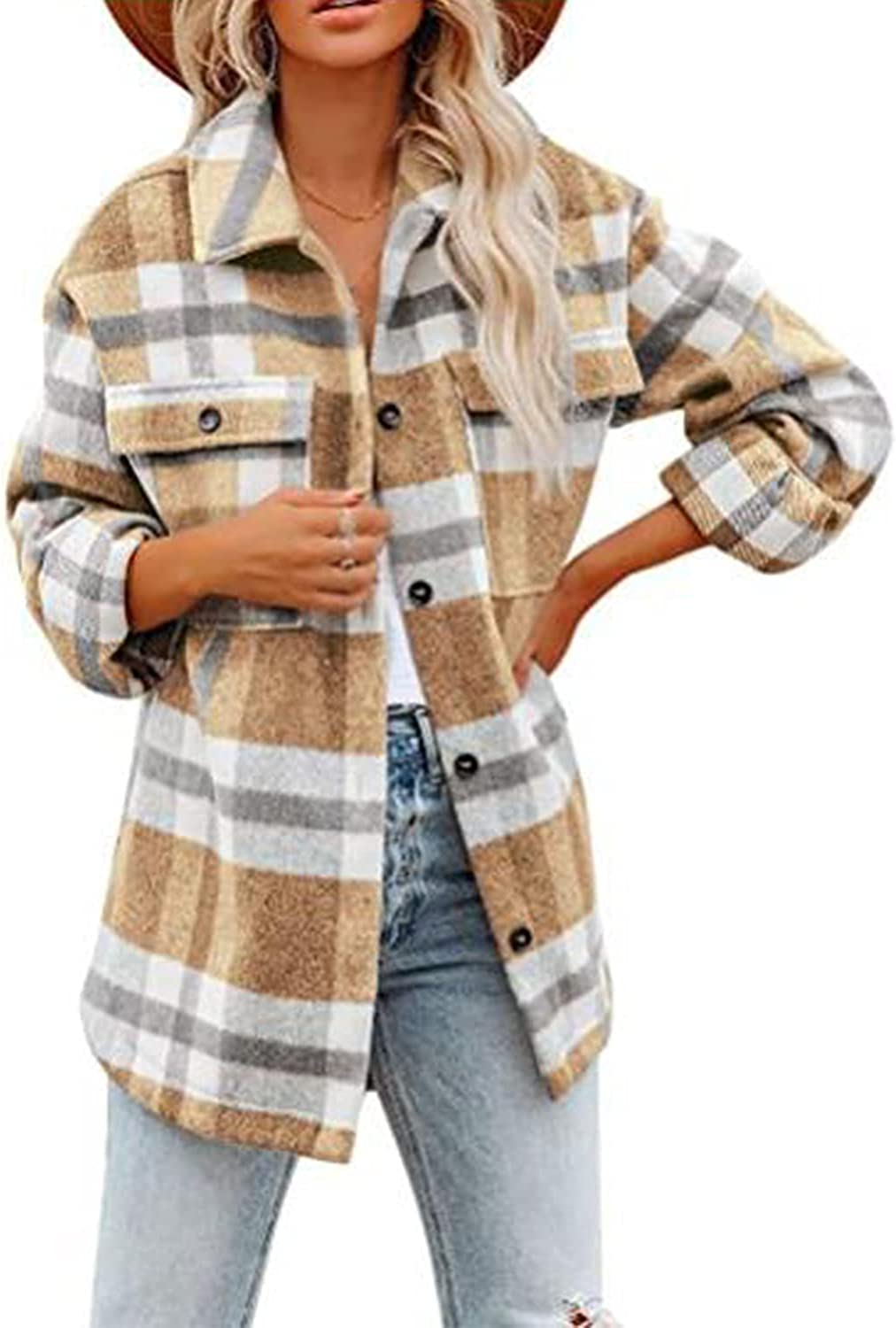 Amegoya Womens Long Sleeve Plaid Shirts Flannel Lapel Button Down Shacket Jacket Coats