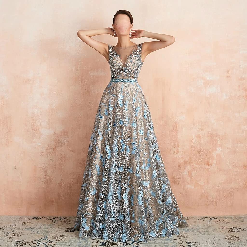 FFLJT Evening Dress，Backless Lace Long Evening Dress A-line Beadings Party Dress (Color : As Shown, Size : 6)