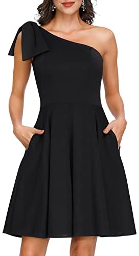 Women's Bow One Shoulder Dress with Pockets A-line Cocktail Party Dress