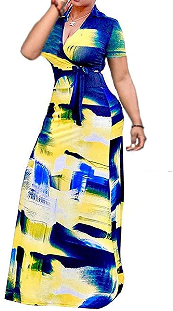 Women's V Neck 3/4 Sleeve African Floral Printed Party Loose Long Maxi Dress with Belt S-3XL