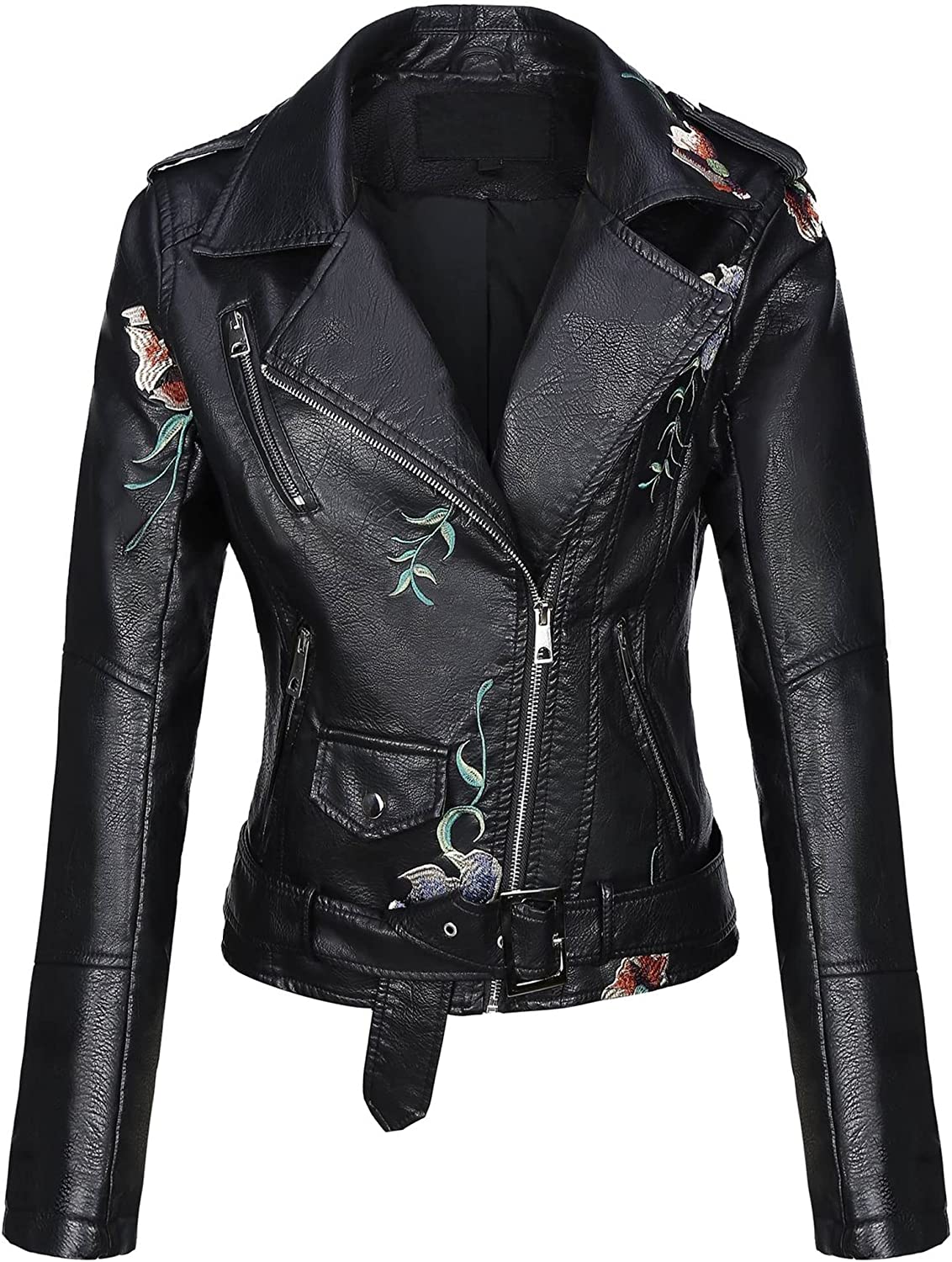 Bellivera Womens Faux Leather Casual Short Jacket, Fall and Winter Fashion Moto Bike Floral Coat