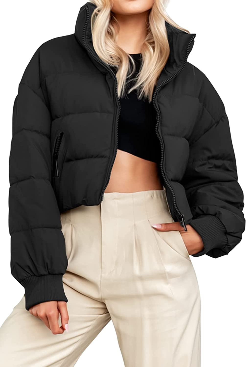 KYL Women's Winter Cropped Puffer Jacket Oversized Zip-Up Quilted Puffy Short Down Coat