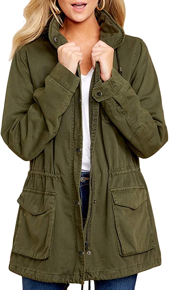 Soulomelody Womens Military Safari Anorak Jacket Hoodies Zip Up Parka Casual Drawstring Coat with Pockets