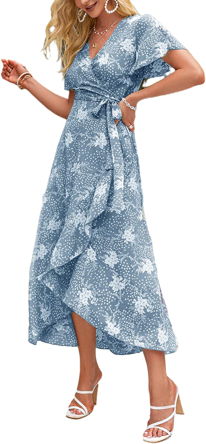 Women's Boho V Neck Ruffle Floral Wrap Maxi Dress