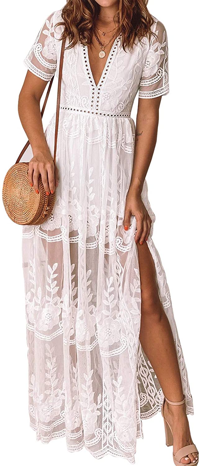 Womens Casual Off Shoulder Lace Maxi Dress White Wedding Bridesmaid Dress Lace Sleeve Beach Dresses
