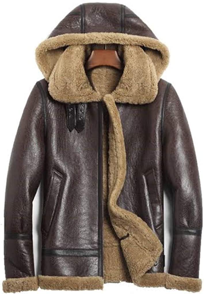 Mens Real B3 Detachable Shearling sheepskin Hood Flight leather winter Fur jacket