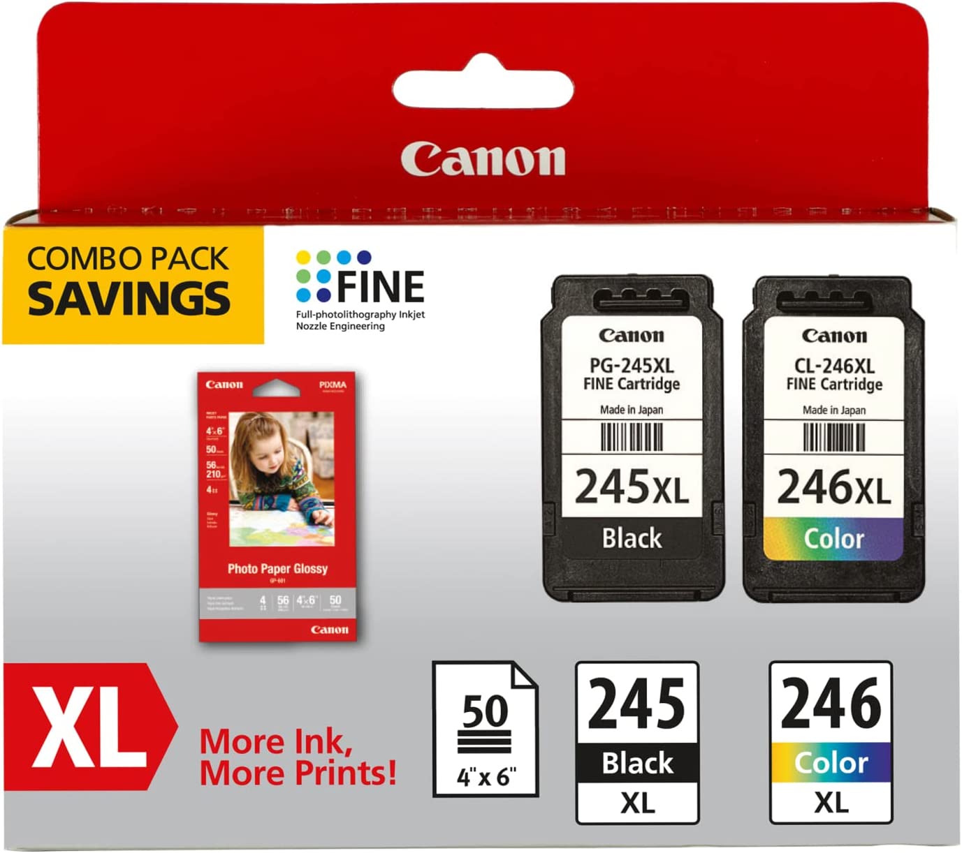 Canon 8278B005 Inks & Paper Pack, PG245, CL-246 XL, 50 Sheets, 4 x 6