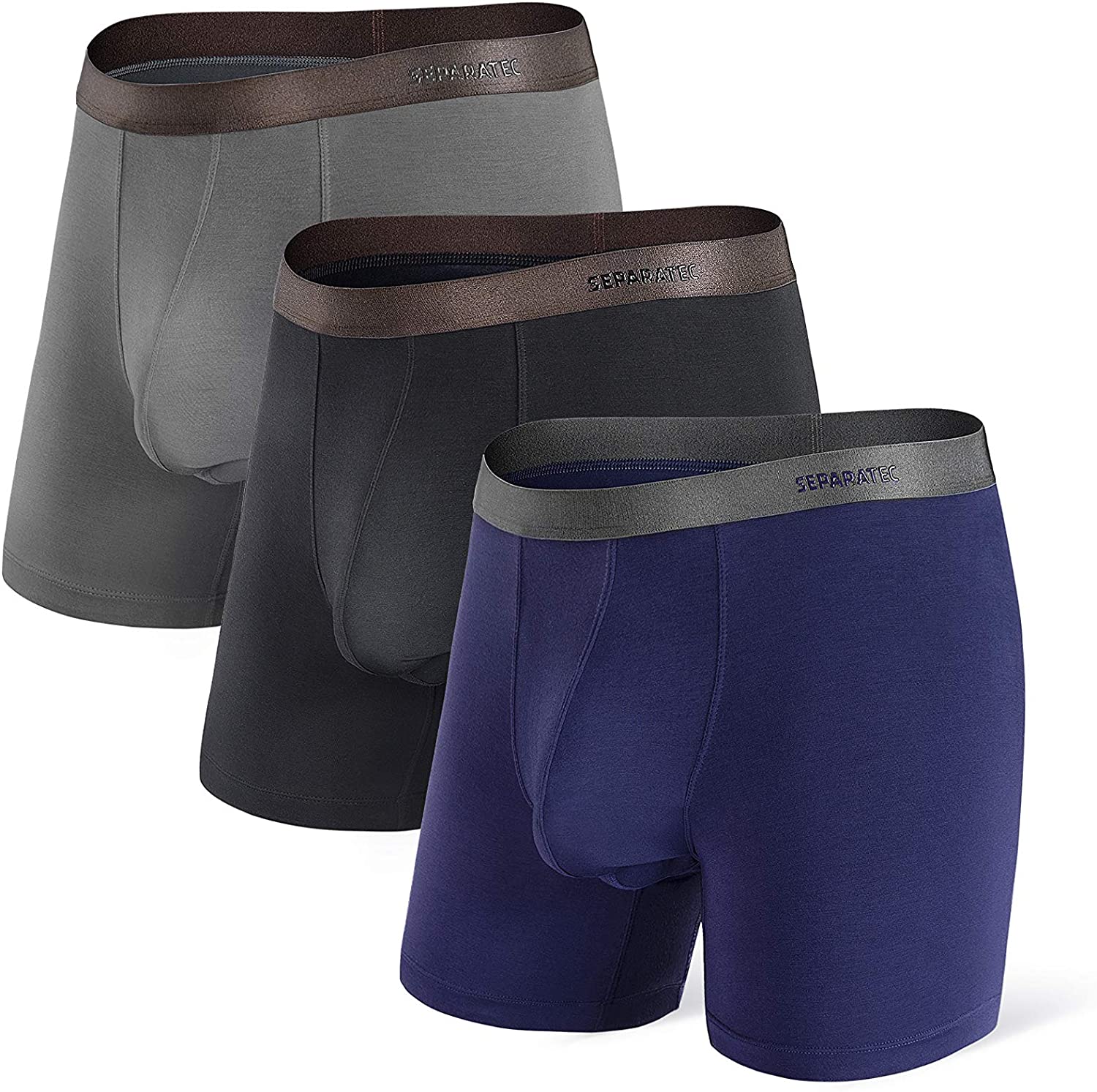 Separatec Men's Underwear 3 Pack Basic Bamboo Rayon Soft Breathable Dual Pouch Boxer Briefs