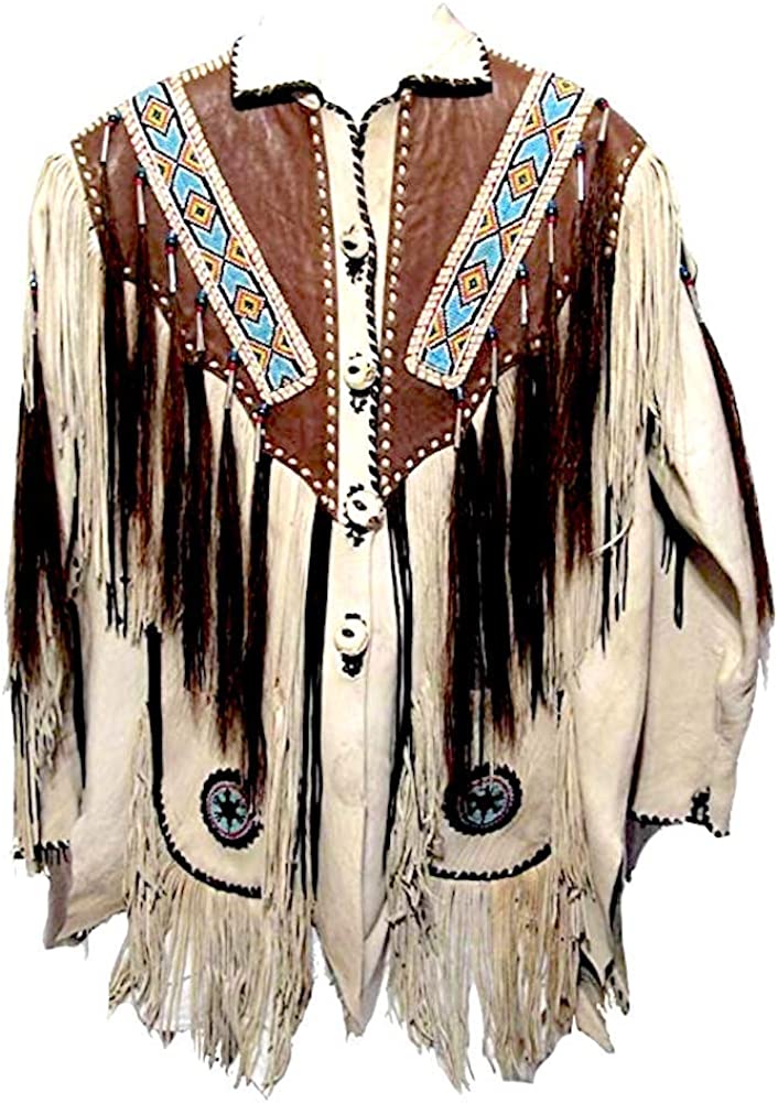 Classyak Men's Western Fringed, Beaded and Bones Leather Jacket
