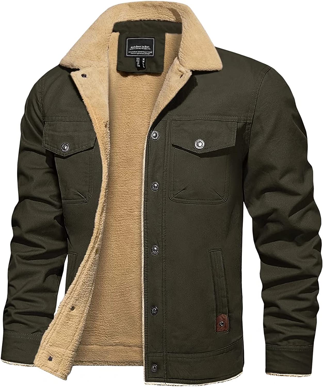 BIYLACLESEN Men's Sherpa Lined Trucker Jacket Lapel Cotton Cargo Jacket Casual Button Military Jacket Warm Winter Parka