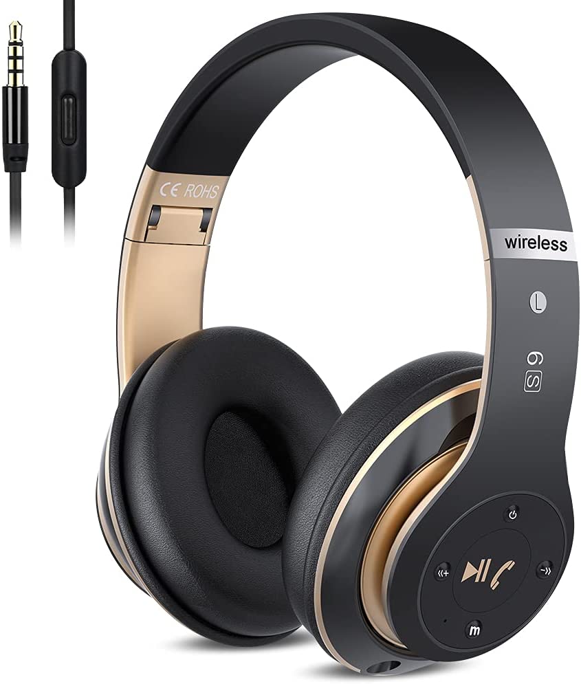 6S Wireless Bluetooth Headphones Over Ear, Hi-Fi Stereo Foldable Wireless Stereo Headsets Earbuds with Built-in Mic, Volume Control, FM for Phone/PC (Black & Gold)