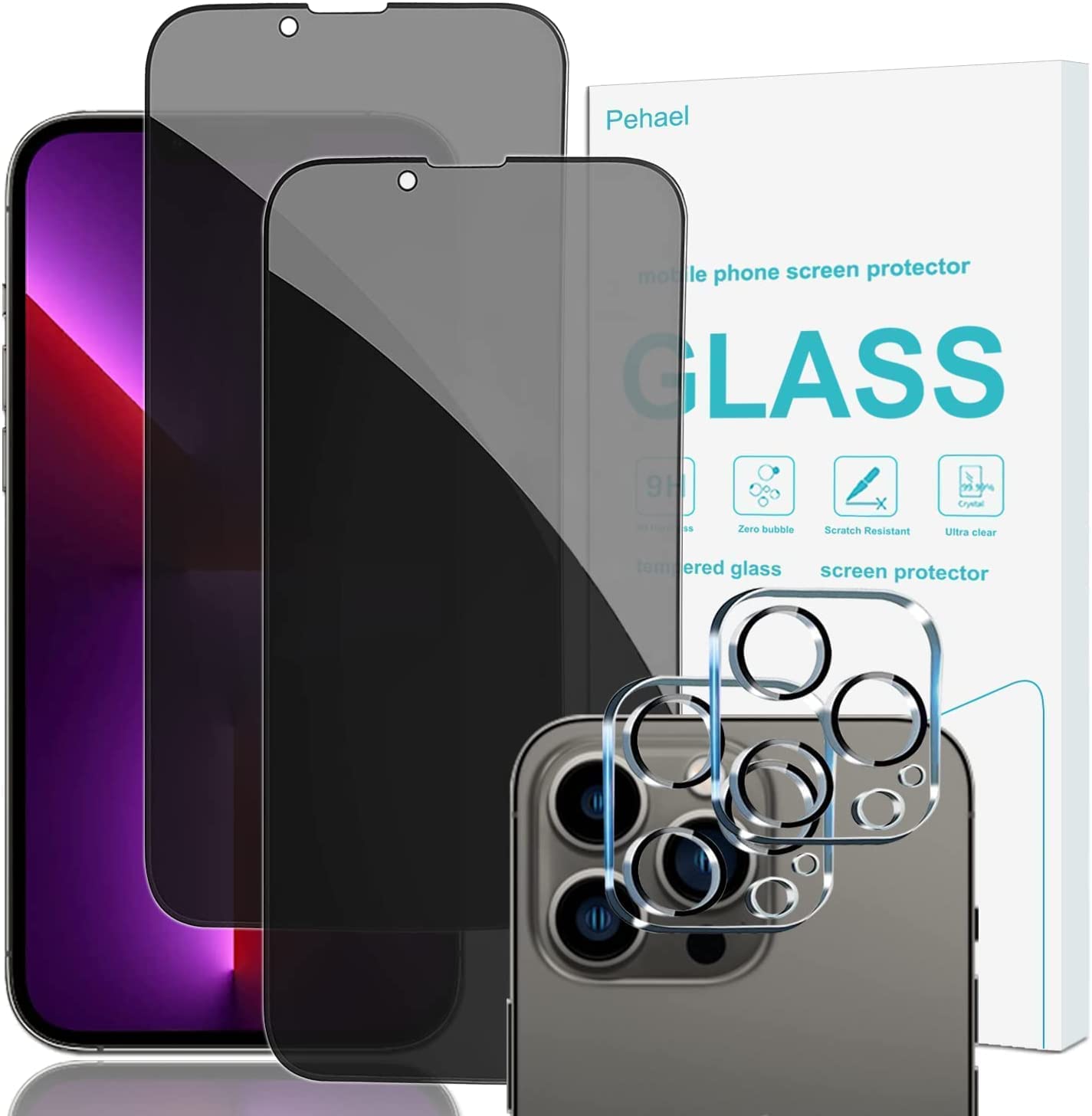 Pehael [2+2 Pack] iPhone 13 Pro Max Privacy Screen Protector with Camera Lens Protector Full Coverage Anti-Spy Tempered Glass Film 9H Hardness Upgrade Edge Protection Easy Installation Bubble Free