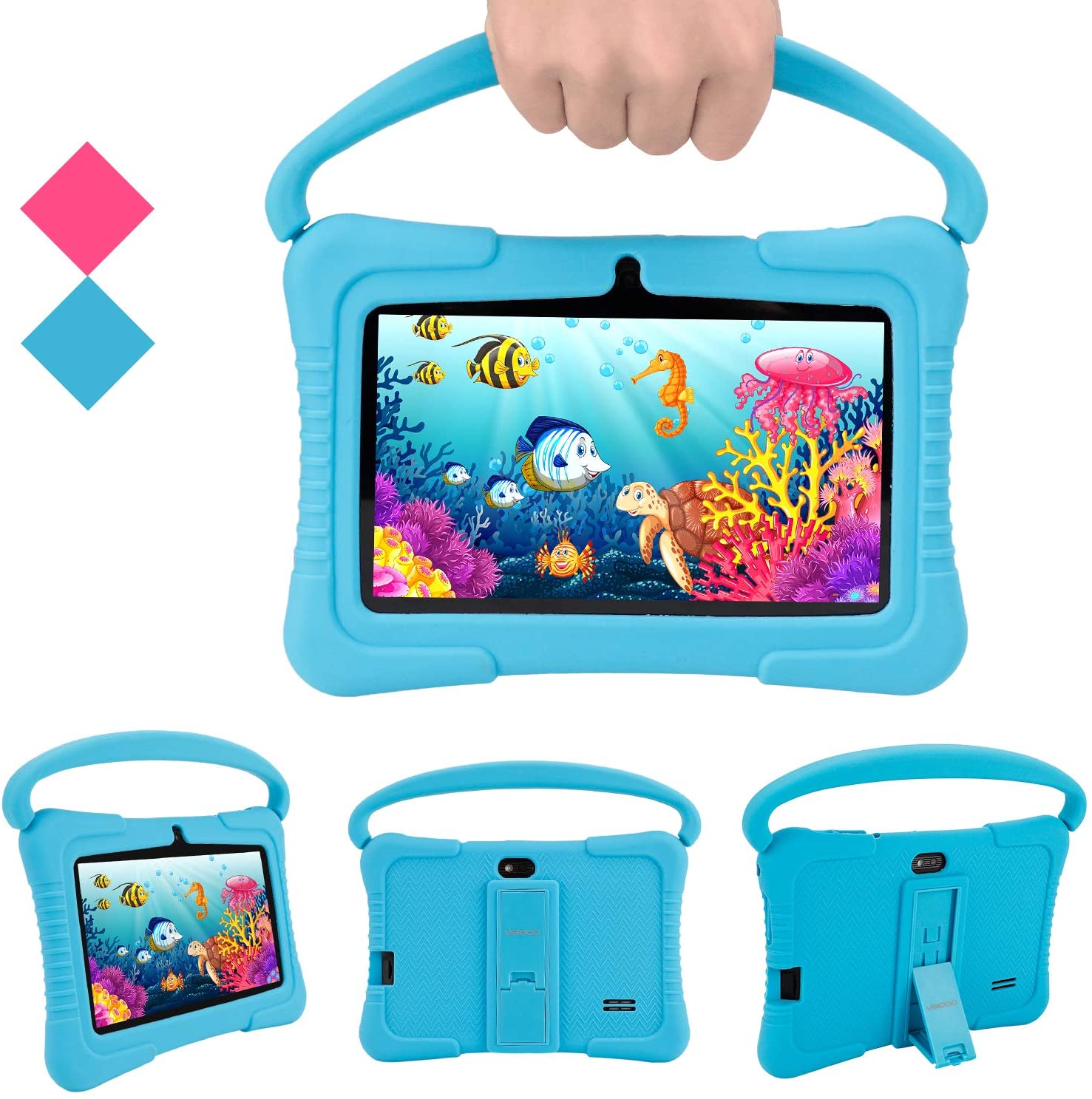 Kids Tablet, Veidoo 7 inch Android Tablet PC, 1GB RAM 16GB ROM, Safety Eye Protection Screen, WiFi, Bluetooth, Dual Camera, Educational, Games, Parental Control APP, Tablet with Silicone Case (Blue)