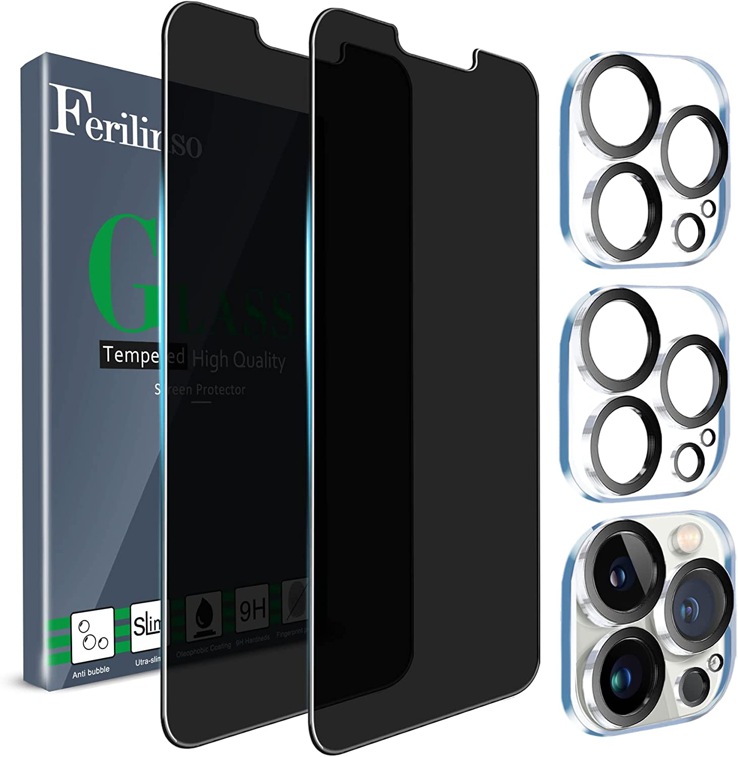 Ferilinso Compatible for iPhone 13 Pro Max Privacy Screen Protector, 2 Pack 9H Anti Spy Tempered Glass with 2 Pack Camera Lens Protector, Case Friendly, Bubble Free, 5G 6.7 Inch, Easy Installation
