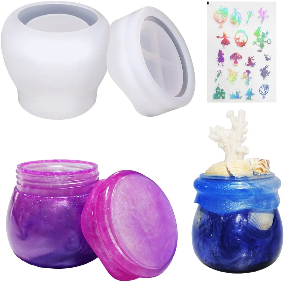 Silicone Jar Resin Molds, Pudding Jar Epoxy Resin Mold with Lid for DIY Storage Bottle, Candy Container, Candle Holder, Home Décor for Gift Idea with Random Sticker(1 Piece)