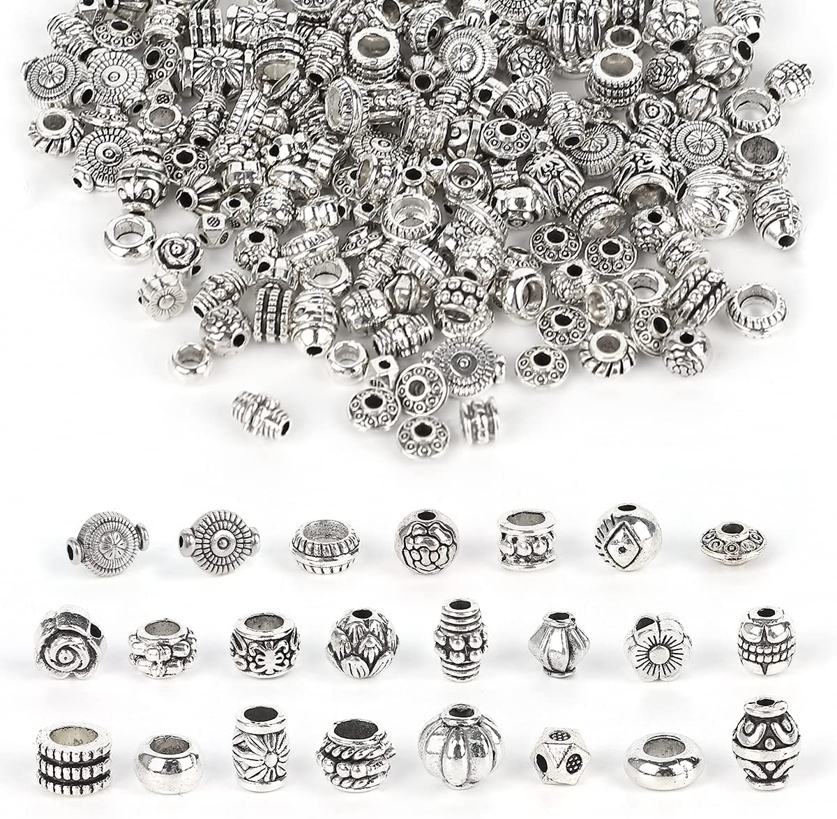 180 Silver Spacer Beads - 100g Tibetan Antique Silver Color Metal Beads Small Loose Spacer Beads with Radom Styles for Jewelry Making DIY Charm Bracelets