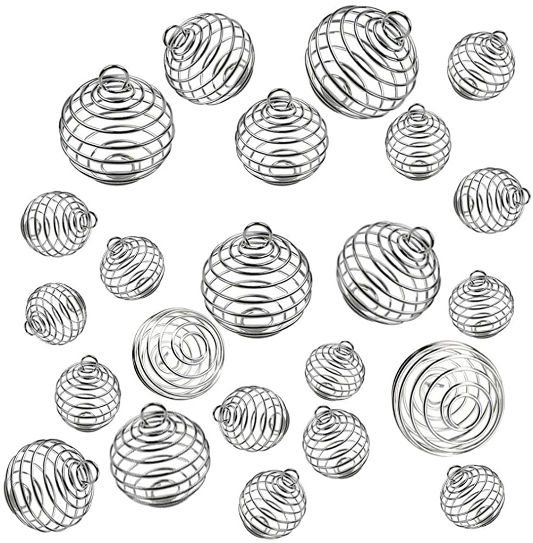 JIALEEY Spiral Bead Cages Pendants, 30 PCs 3 Sizes Silver Plated Stone Holder Necklace Cage Pendants Findings for Jewelry Making and Crafting