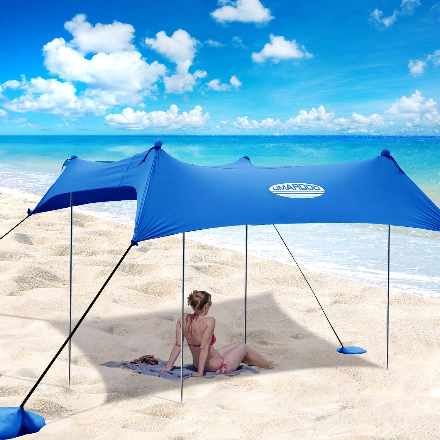 UMARDOO Family Beach Tent with 4 Aluminum Poles, Pop Up Beach Sunshade with Carrying Bag (Blue, 10X9 FT)