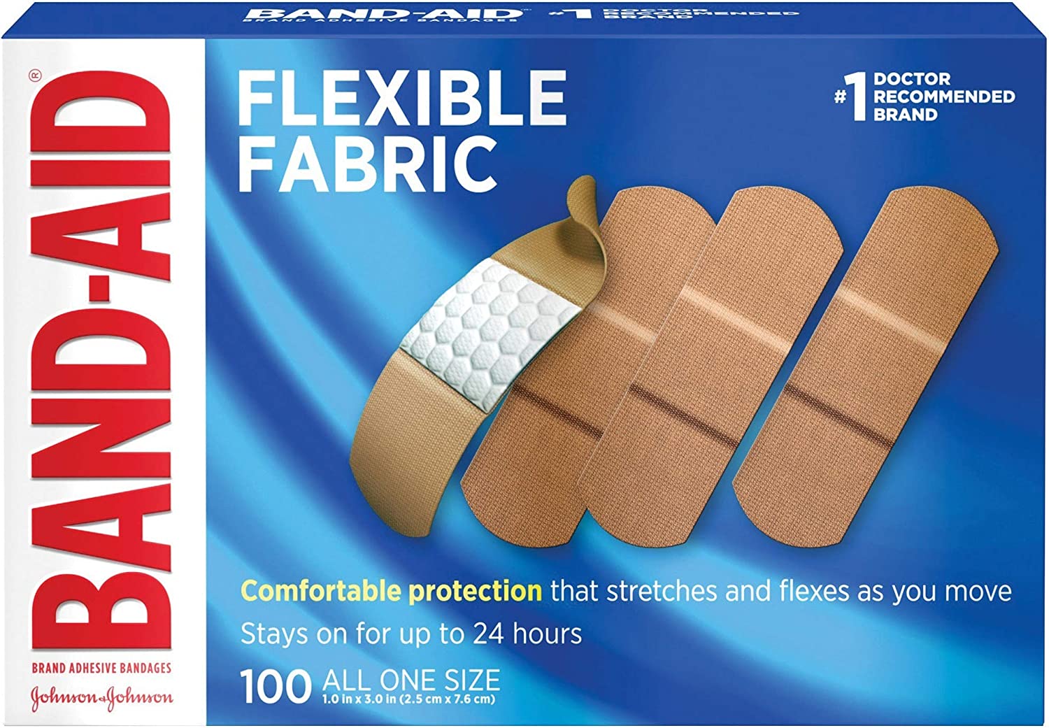 Band-Aid Brand Sterile Flexible Fabric Adhesive Bandages, Comfortable Flexible Protection & Wound Care for Minor Cuts & Scrapes, Pad Designed to Cushion Painful Wounds, One Size, 100 ct