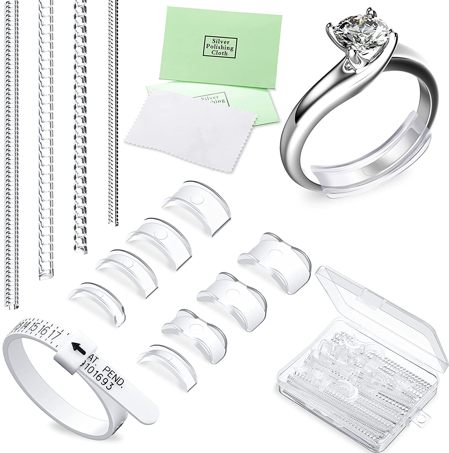 Ring Size Adjusters Set for Loosing Rings in 2 Styles, 12 Sizes, Ring Size Reducer Spacer Ring Guard Ring Resizer Tightener with Ring Sizer Measuring Belt, Jewelry Cloth and Organizer (16 Pieces)